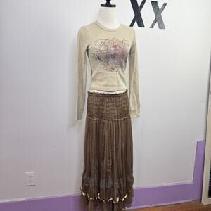 Vintage Y2K Brown Mesh Tiered Skirt Ribbon Lace Sequin Embellished Boho S / M
